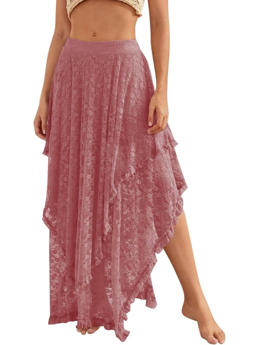 Women's Coral Pink Floral Lace  Asymmetrical Layered Flowy Boho Beach Maxi Skirt
